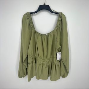 Nine West Women's Long Sleeve Square Neck Blouse Sage Green NWT Size XL